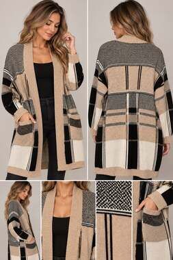 Doe & Rae Women's Beige Black White Plaid Colorblock Open Front Cardigan Sweater